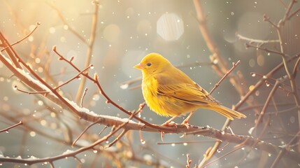 Obraz premium Bright Yellow Bird Perched on Snowy Branch with Soft Winter Background