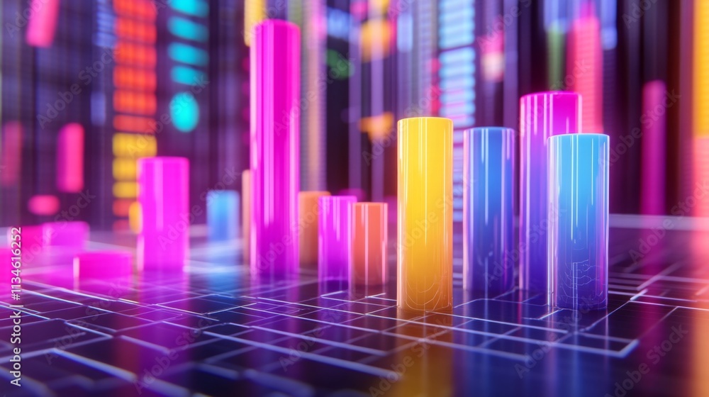Poster colorful data visualization with abstract bar graphs on digital background