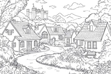 Fototapeta premium Winding path meandering through a charming village surrounded by lush greenery, with a majestic castle watching over the scene