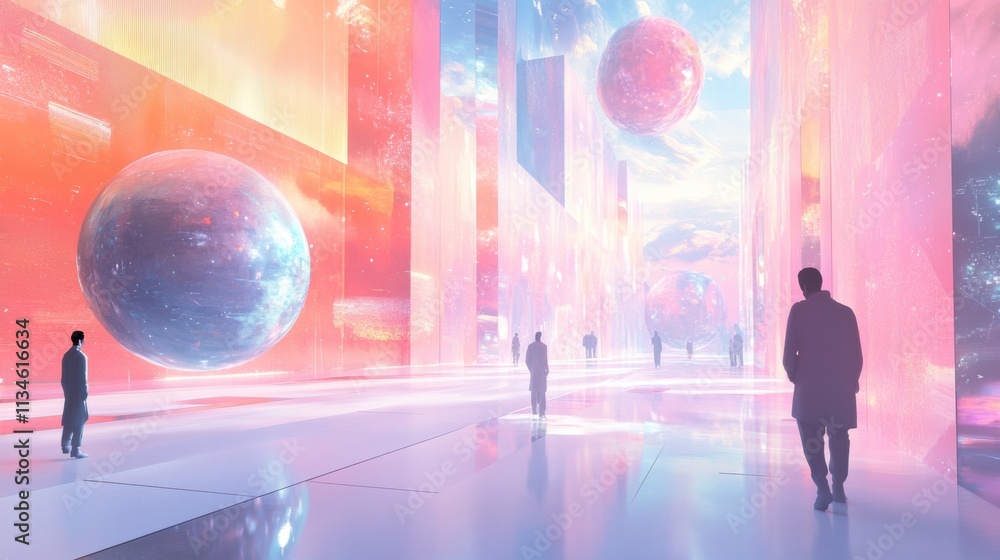 Aufkleber Visitors stroll through a captivating digital gallery filled with virtual artworks and impressive avatars, surrounded by ethereal colors and shapes. Generative AI