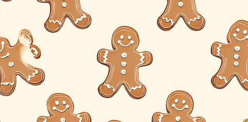 A pattern of gingerbread men with smiling faces and decorative icing.