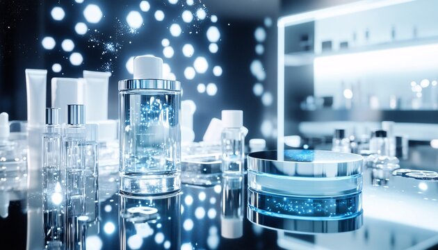 Futuristic lab featuring advanced holographic technology for skincare research and innovation. The cutting-edge environment showcases the future of beauty science and molecular skincare.