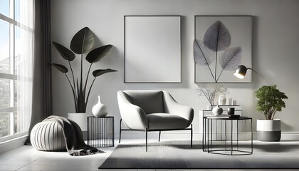 Modern Neutral Interior with Blank Canvas.