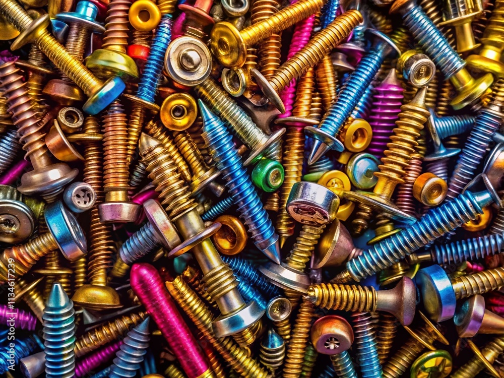 Poster aerial view of a background full of various screws, showcasing different sizes and types for industr