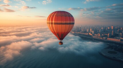 Obraz premium A vibrant hot air balloon floats above a cityscape at sunrise, surrounded by clouds.