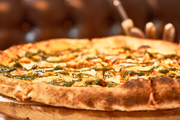 Fresh pizza close-up. Fast food.