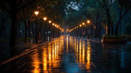 Serene Rainy Nightscape with Illuminated Pathway and Reflections