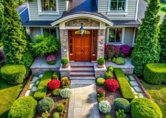 Obraz premium Aerial View of a Beautifully Designed Front Door in a Modern House Surrounded by Lush Green Landscaping Captured by Drone Photography for Architectural Inspiration
