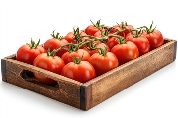 Wooden tray with tomatoes isolated on a white background.