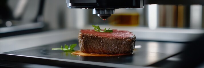 A 3D food printer delicately shapes a vibrant plant-based steak in a contemporary kitchen, showcasing culinary innovation. Generative AI
