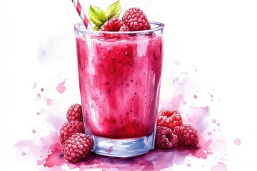 Watercolor raspberry smoothie, isolated on a white background.