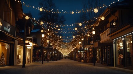Christmas Lights Decorate Winter Street in Charming Alpine Village