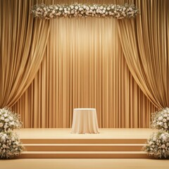 Elegant Wedding Stage with Gold Curtains and Floral Arrangements