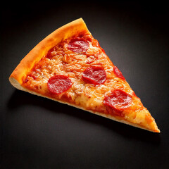 Triangle of freshly baked pizza on a black background