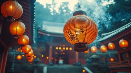 Illuminated Japanese Lanterns at Temple