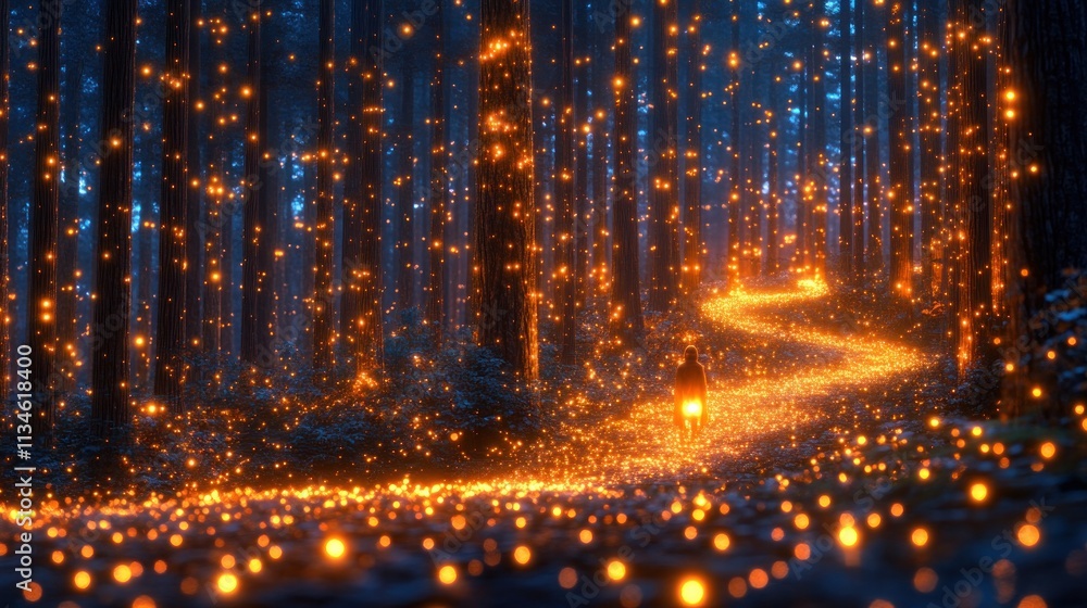 Poster A serene forest path illuminated by glowing orbs, creating a magical atmosphere.