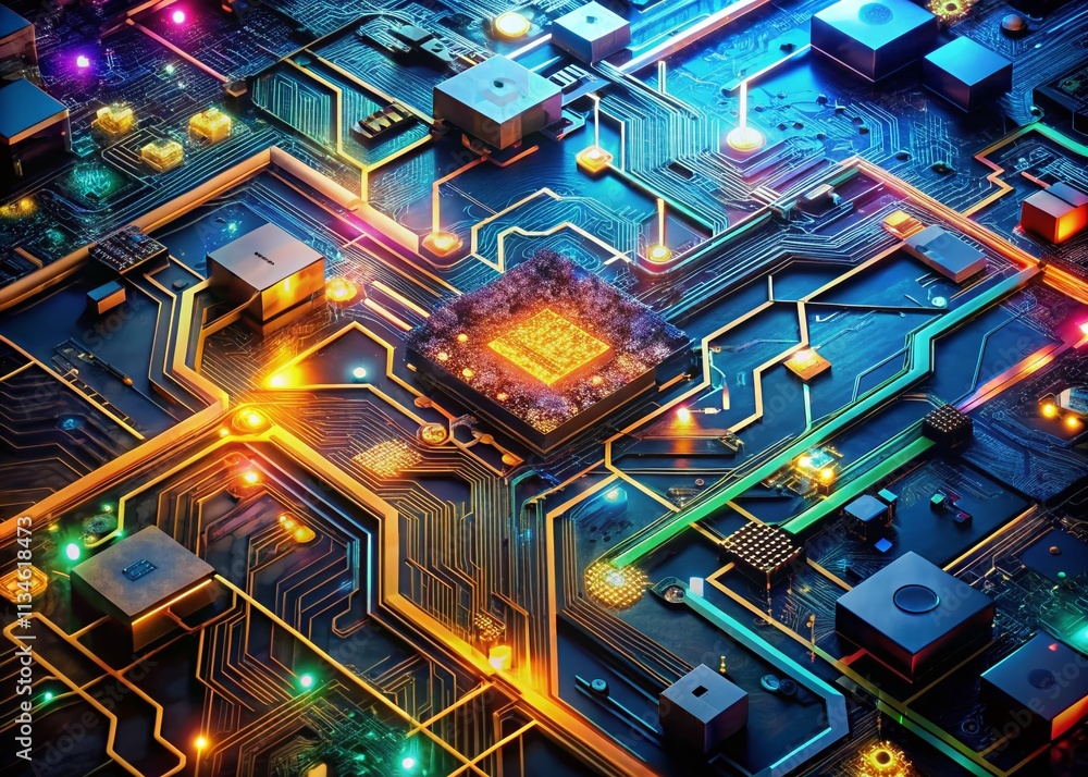 Poster aerial view of abstract circuit board technology with intricate patterns and vibrant colors showcasi
