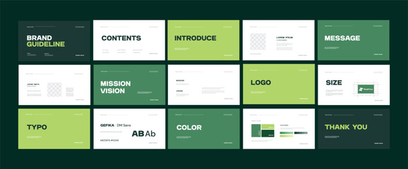 Brand guidelines template, Landscape brand identity presentation, Green, yellow, modern and clean design, Logotype guidelines template for eco, sustainable, lawn, landscaping company 