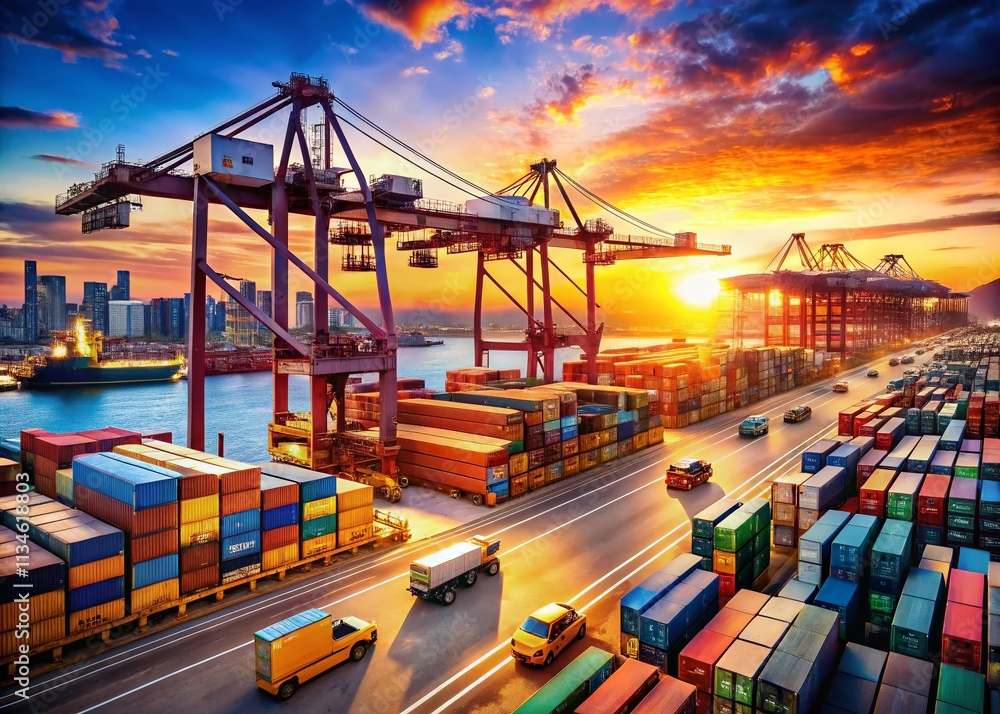 Aufkleber aerial view of a busy container terminal with cranes loading cargo ships and trucks in action, showc