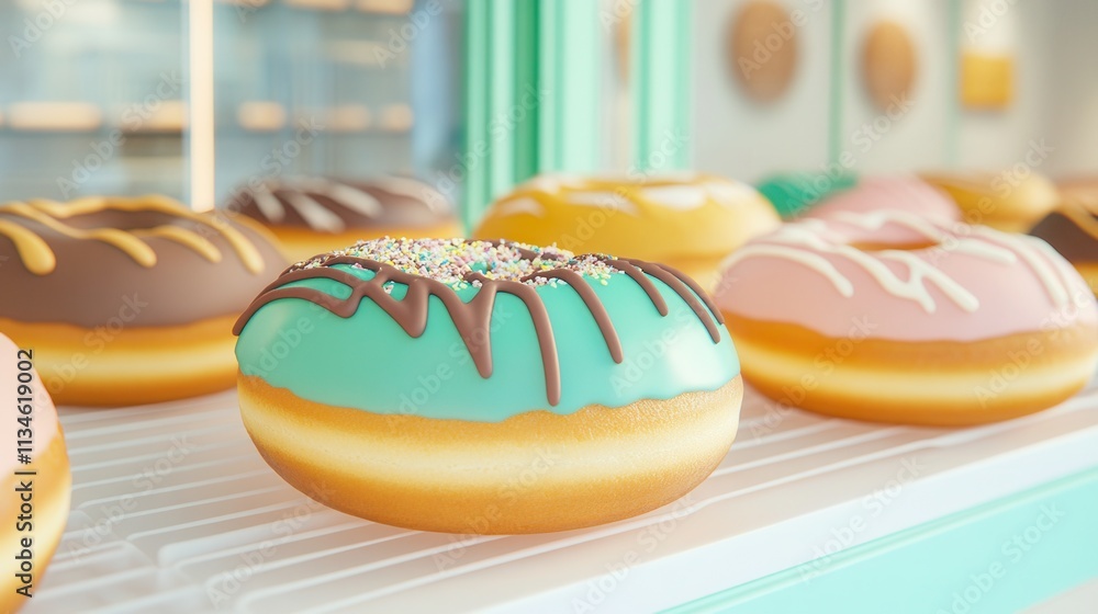 Poster a bakery showcase filled with an array of donuts featuring bright glazes, chocolate drizzle