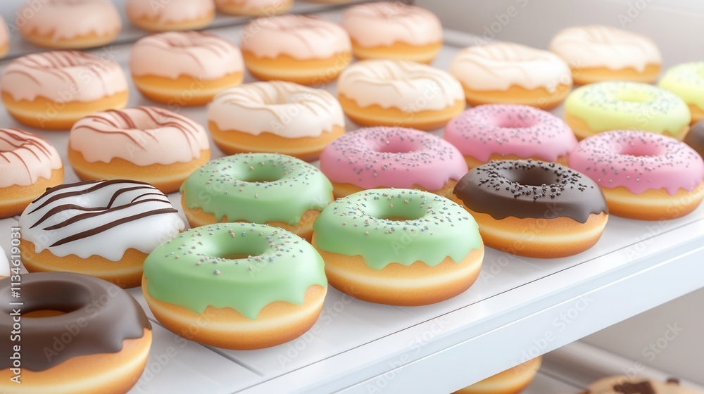 Poster a bakery showcase filled with an array of donuts featuring bright glazes