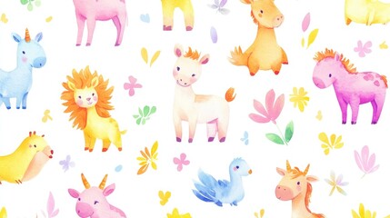 Naklejka premium Whimsical and Colorful Animal Characters with Floral Accents Suitable for Children's Art, Invitations, and Nursery Decor in Cheerful, Pastel Style