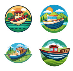 Small Boat on River Vector illustration