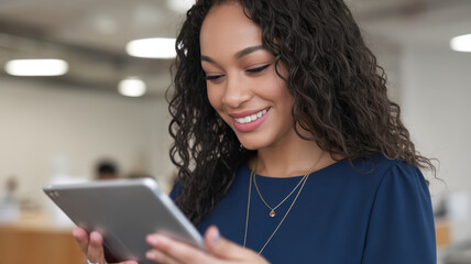 A young African American woman smiling while using a tablet in a modern office setting.
