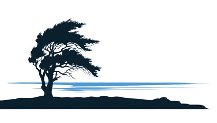 Wind-swept tree icon set by the ocean nature landscape minimalist design tranquil environment for creative projects