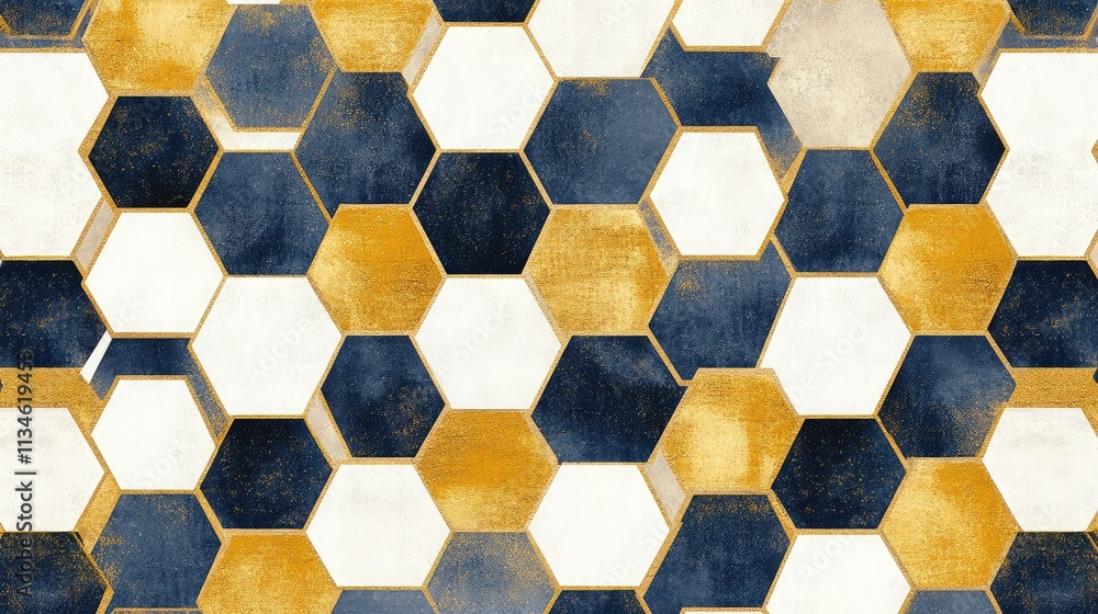 Aufkleber textured hexagonal pattern in navy blue, gold, and white color scheme for modern design projects and