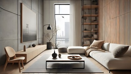 Fototapeta premium Bright, Neutral Living Room with Concrete Walls and Light Wood Accents.