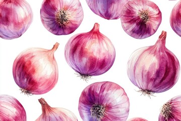 Watercolor seamless pattern of onions, isolated on a white background.