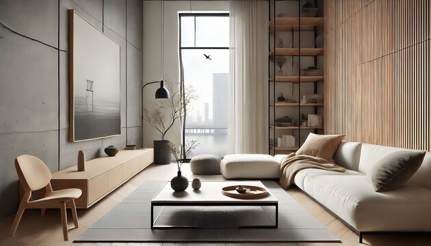 Bright, Neutral Living Room with Concrete Walls and Light Wood Accents.