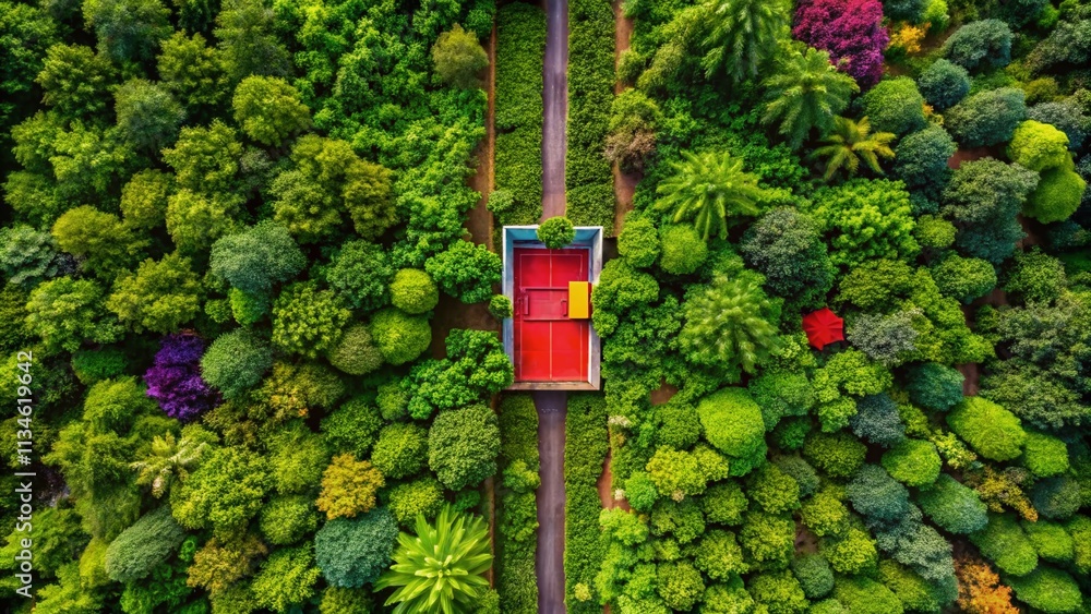 Poster aerial view of a colorful door surrounded by lush greenery in an urban setting captured by drone pho