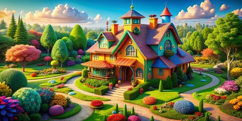Obraz premium Aerial View of a Colorful Cartoon House Surrounded by Lush Greenery and Whimsical Landscapes Captured with Drone Photography for Imaginative Home Scenes