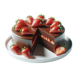 A realistic chocolate cake with strawberry topping, sliced and placed on a white plate.