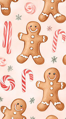 A festive pattern featuring gingerbread cookies and candy canes on a soft pink background.