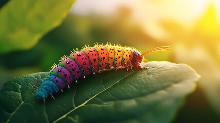 Fototapeta premium Vibrantly Colored Caterpillar Feeding on Juicy Fruit with Sunlight Glimmering Through Lush Green Leaves in a Beautiful Natural Setting