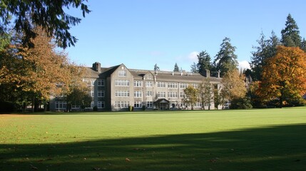 Scenic view of a historic building surrounded by lush green grass, trees with autumn foliage, and clear blue sky on a sunny day, ideal for peaceful landscapes and heritage architecture
