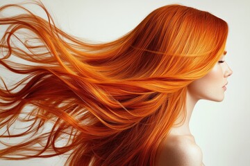 Naklejka premium Beautiful red hair woman with long and shiny hair flowing in the wind