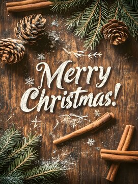 Rustic Merry Christmas Card with Pinecones and Cinnamon on Wooden Background