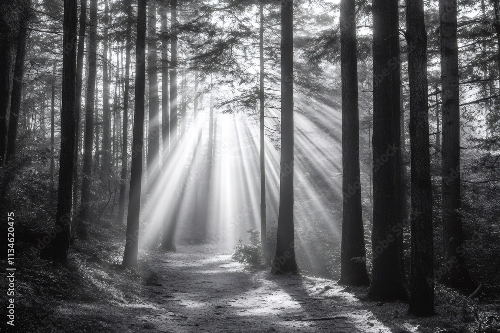 Poster sunbeams are filtering through trees in a black and white misty forest creating a magical atmosphere