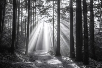 Naklejka premium Sunbeams are filtering through trees in a black and white misty forest creating a magical atmosphere