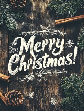 Rustic Merry Christmas Card with Pinecones and Cinnamon on Wooden Background