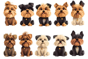 Group of 10 cute yorkshire terrier dogs sitting together cartoon style. Transparent background. PNG