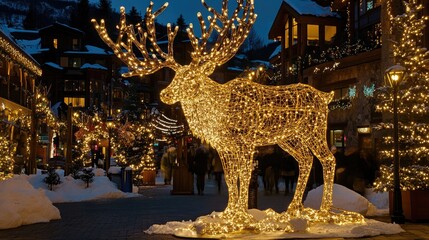 Illuminated Reindeer Decoration in Snowy Village Square Surrounded by Holiday Lights and Cheerful People Enjoying Festive Atmosphere at Dusk