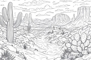 Fototapeta premium Black and white line art illustration of a desert landscape featuring cacti, rocks, mountains, and clouds, ideal for coloring books or activities