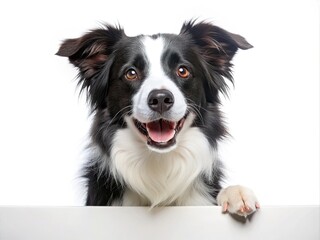 Joyful border collie portrait!  White banner, pet photography, rule of thirds composition. Happy dog card.