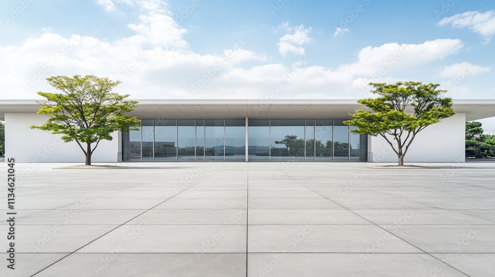 Poster modern architectural design featuring a minimalist building with large windows, surrounded by lush g