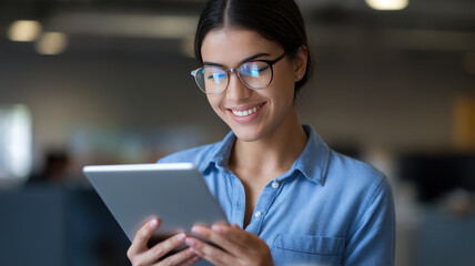 Fototapeta premium A young Hispanic woman with glasses smiles while using a tablet in a modern office environment.
